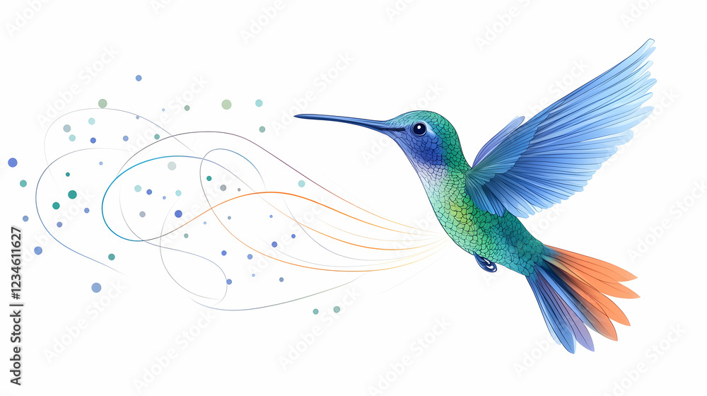 Obraz premium Hummingbird in flight, colorful trails, white background, nature illustration, website design