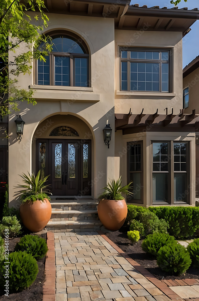 Obraz premium Mediterranean Villa Exterior: Luxurious Home Architecture and Landscaping Design