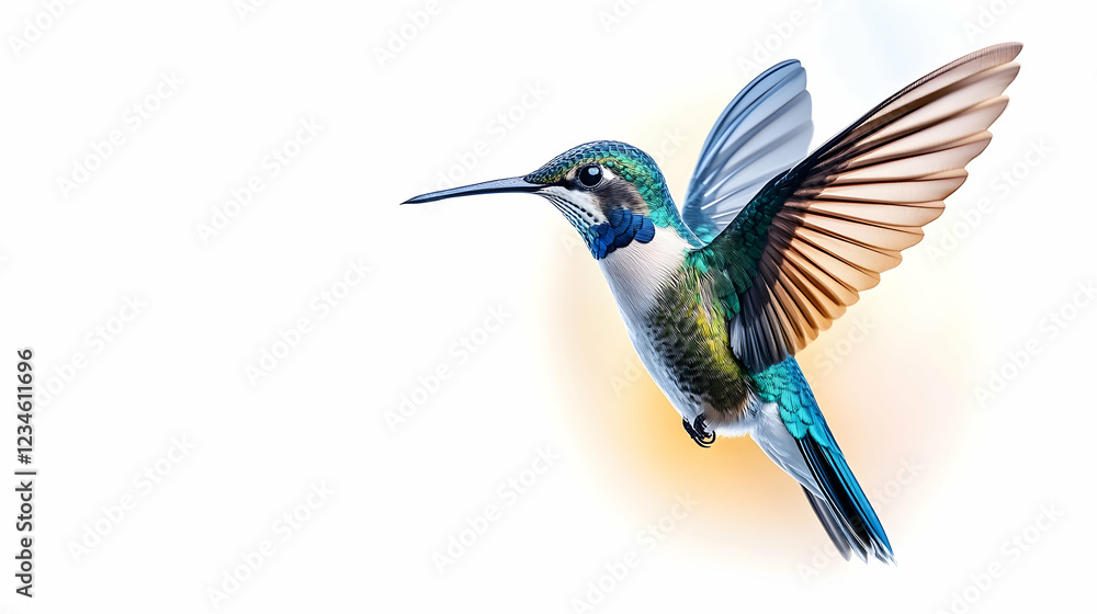 Fototapeta premium Hummingbird in flight, garden background, nature photography, ideal for website banners