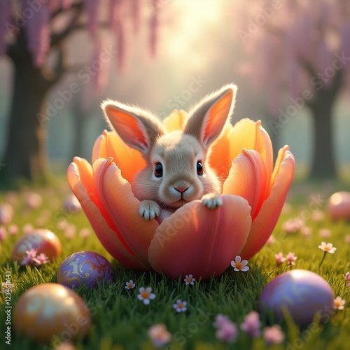 A charming and magical Easter scene featuring a sweet bunny nestled inside a glowing coral and gold tulip. Surrounded by lush green grass sprinkled with delicate wildflowers and beautifully decorated  photo