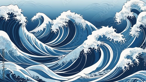 Fototapeta Naklejka Na Ścianę i Meble -  Japanese sea wave background vector. Wallpaper design with white line art and blue ocean wave pattern backdrop. Modern luxury oriental illustration for cover, banner, website, decor, interior.