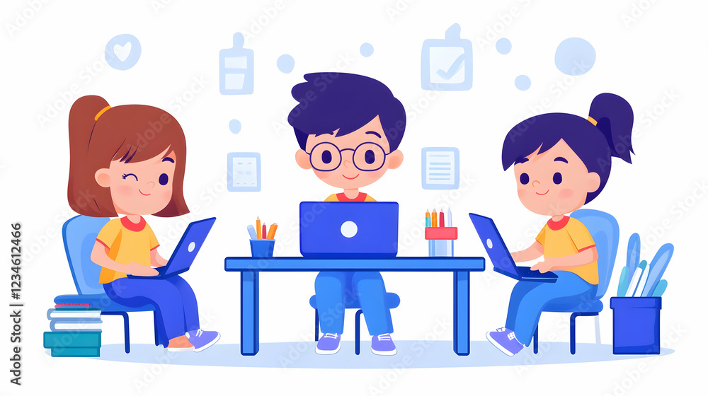 Kids collaborating on laptops, studying together, classroom background, educational teamwork illustration Kids collaborating on laptops, studying together, classroom background, educational teamwork illustration