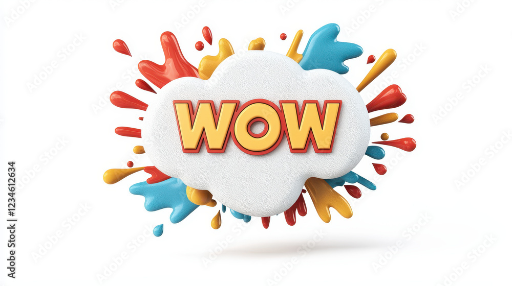 Fototapeta premium Dynamic comic style speech bubble with bold WOW text and splashes isolated on white background