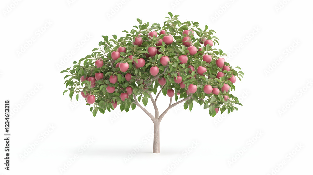 Fototapeta premium Lush apple tree laden with ripe fruit against white background; perfect for food, health, or agriculture websites