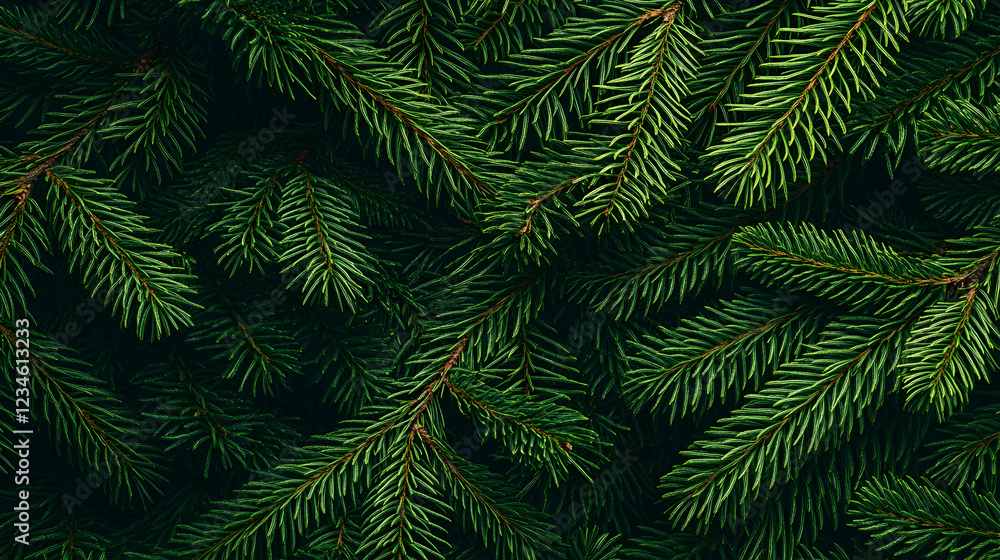 Lush evergreen branches, close-up texture, dark green, natural background, holiday card design Lush evergreen branches, close-up texture, dark green, natural background, holiday card design