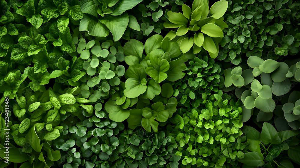 Fototapeta premium Lush green foliage wall, vibrant leaves, natural background, perfect for eco-friendly design
