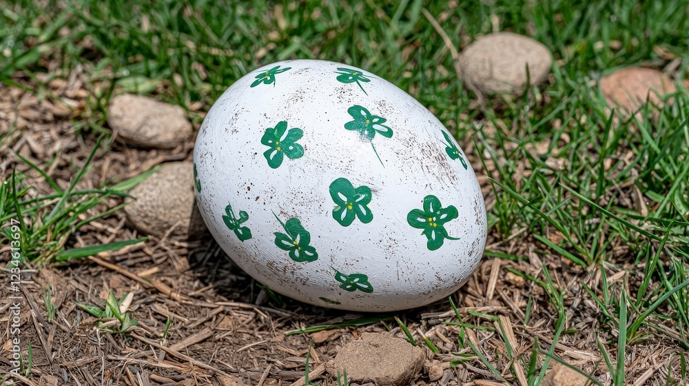 Decorative Egg with Green Clover Design on Fresh Green Grass Decorative Egg with Green Clover Design on Fresh Green Grass