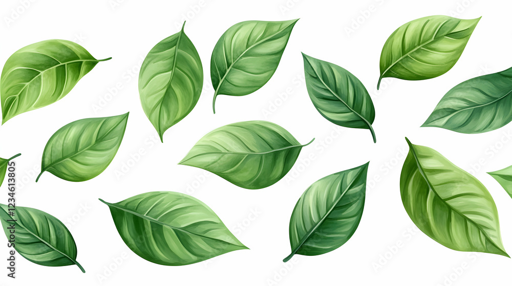 Obraz premium Lush green leaves scattered on white; nature design; website banner
