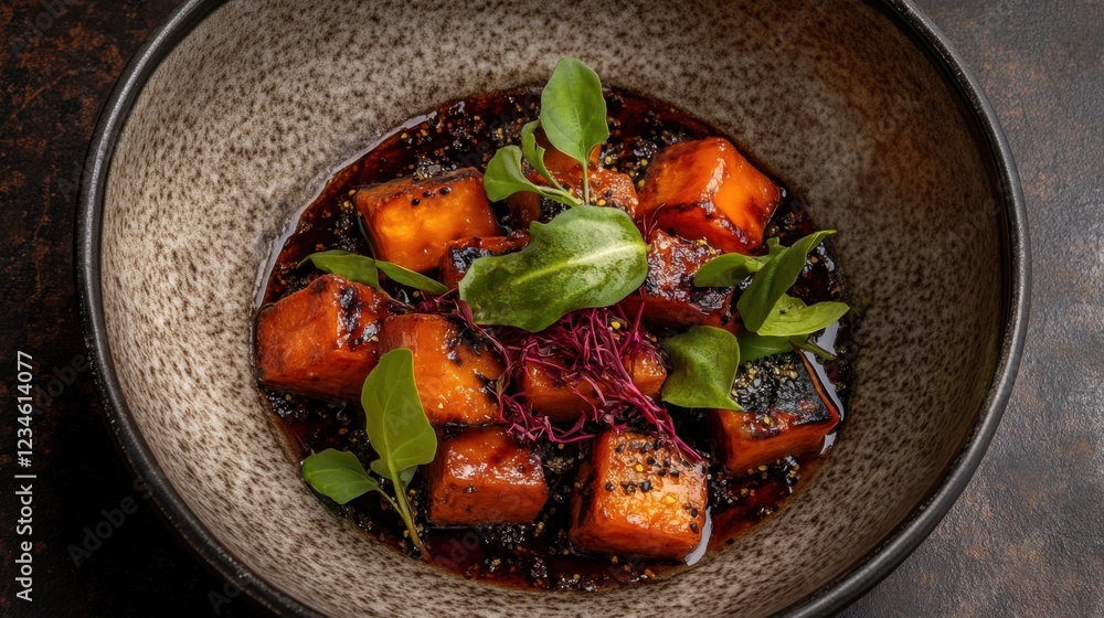 Colorful vegan dish with roasted sweet potatoes, leafy greens, and mustard dressing, arranged in a ceramic bowl. Colorful vegan dish with roasted sweet potatoes, leafy greens, and mustard dressing, arranged in a ceramic bowl.