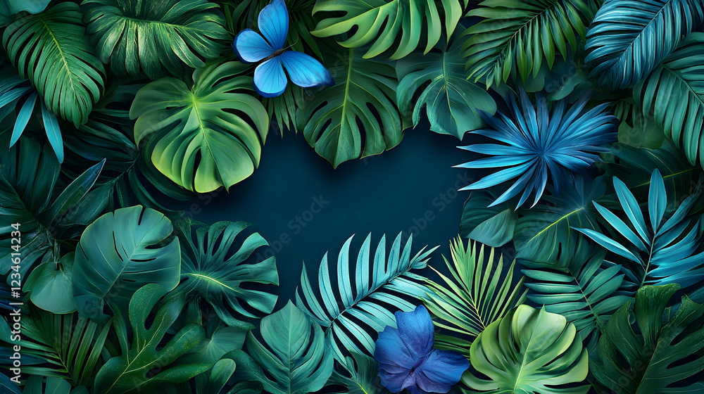 Naklejka premium Lush tropical leaves frame, butterflies, dark background; ideal for summer designs