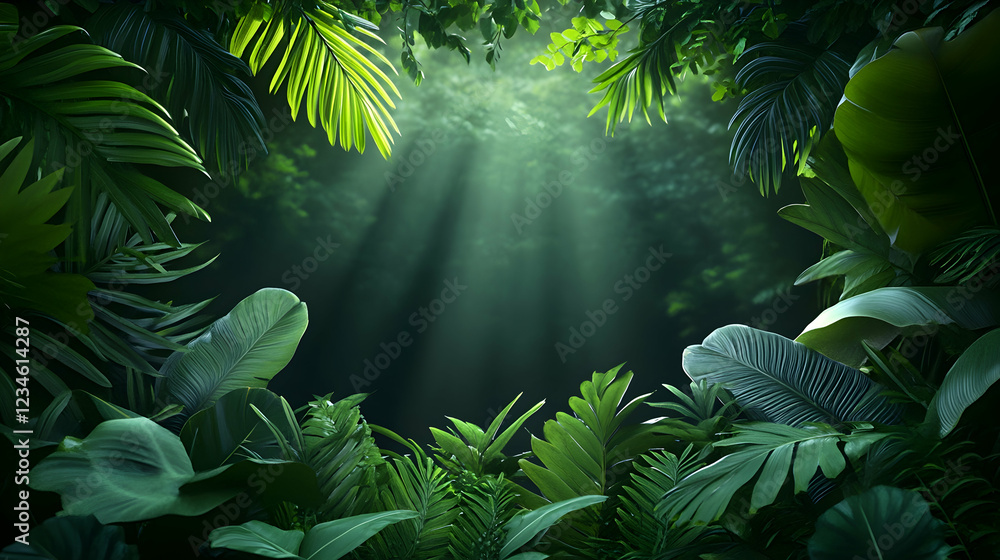 Obraz premium Lush tropical rainforest canopy, sunlight rays breaking through leaves, creating a vibrant green background, ideal for travel or nature documentaries