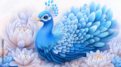Majestic blue peacock amidst white lotuses, serene garden setting; ideal for greeting cards or home decor