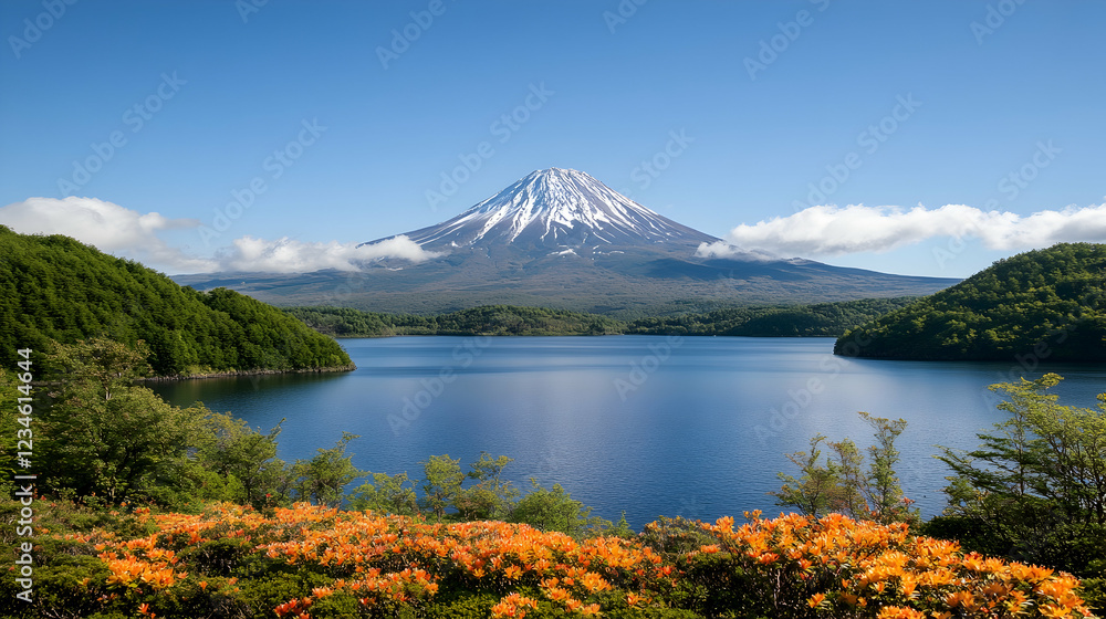 Majestic Mount Fuji reflected in serene lake, azaleas in foreground, clear sky; ideal for travel brochures Majestic Mount Fuji reflected in serene lake, azaleas in foreground, clear sky; ideal for travel brochures