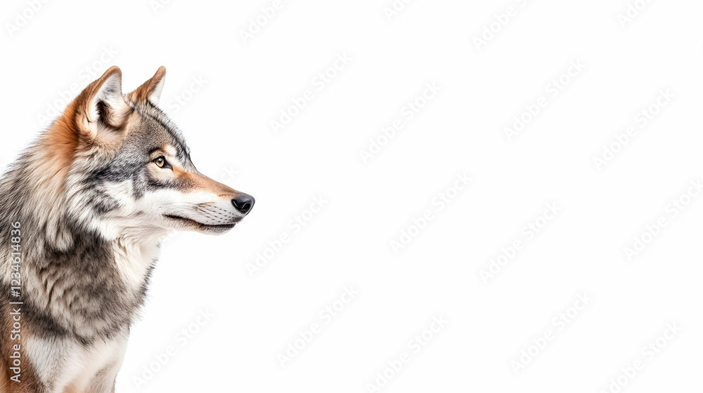 Fototapeta premium Majestic wolf profile, alert gaze, white background, wildlife photography, ideal for nature documentaries