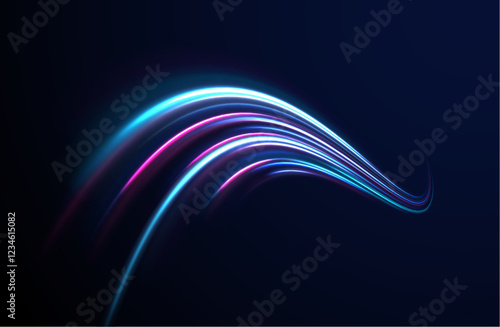 Vector glowing lines air flow effect. Speed connection background. Expressway, car headlight effect. Speed connection vector background. Png, line, blur, beam, ray, abstract, energy, pack, effect.