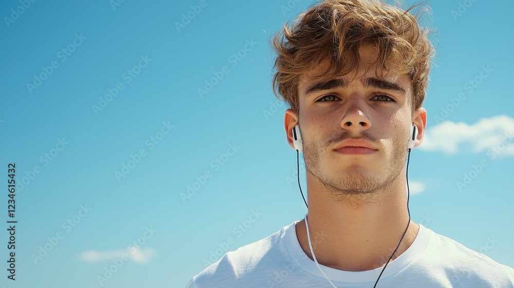 Young man enjoying music outdoors beach portrait photography clear sky close-up youthful vibes