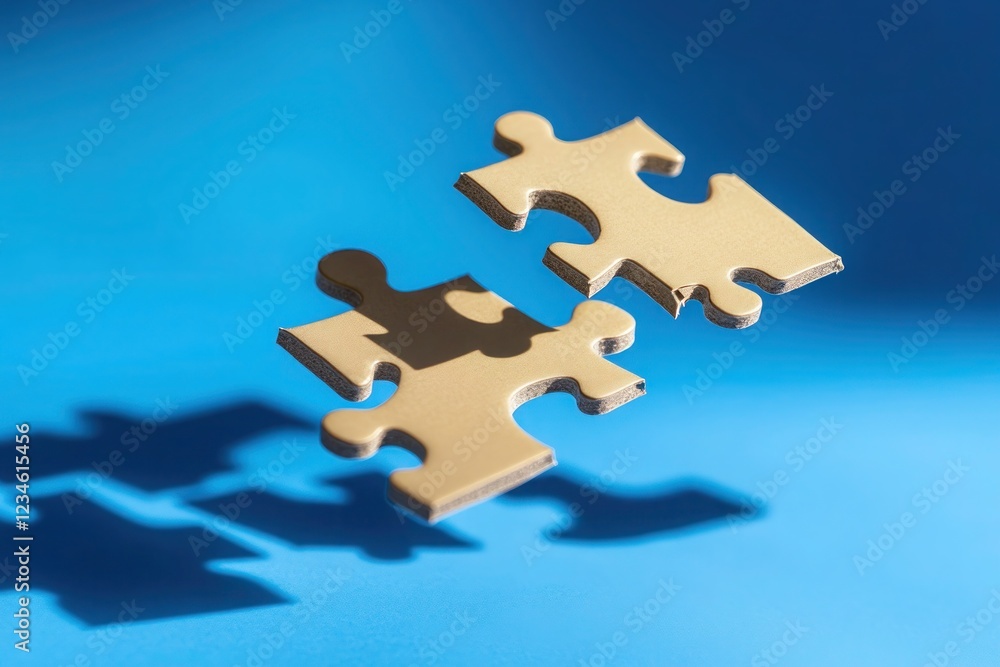 Floating puzzle pieces fitting together in mid-air, casting shadows, against a bright blue backdrop. Floating puzzle pieces fitting together in mid-air, casting shadows, against a bright blue backdrop.