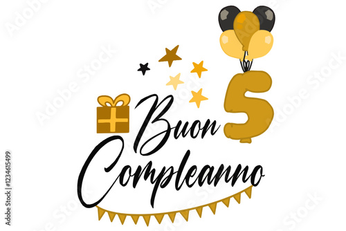 vettoriale testo di buon compleanno con palloncini regalo e numero 5