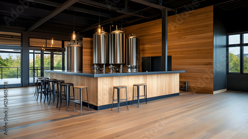 Fototapeta Naklejka Na Ścianę i Meble -  Modern brewery tasting room with stainless steel tanks, wood bar, and outdoor view