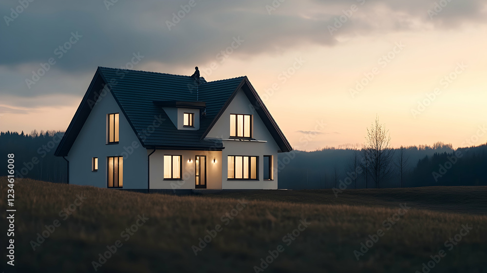 Modern house, sunset, field, hills, rural setting; real estate Modern house, sunset, field, hills, rural setting; real estate
