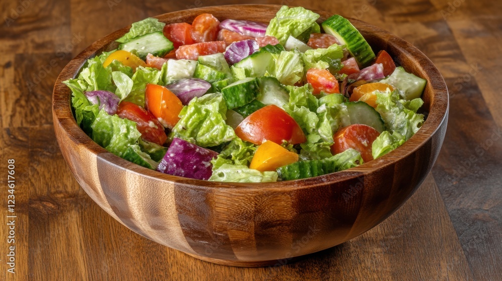 Healthy fresh vegetable salad in a rustic wooden bowl, styled on a warm wooden table for a wholesome dining experience. Healthy fresh vegetable salad in a rustic wooden bowl, styled on a warm wooden table for a wholesome dining experience.