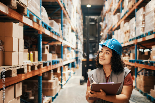 Female warehouse worker inspecting inventory with clipboard