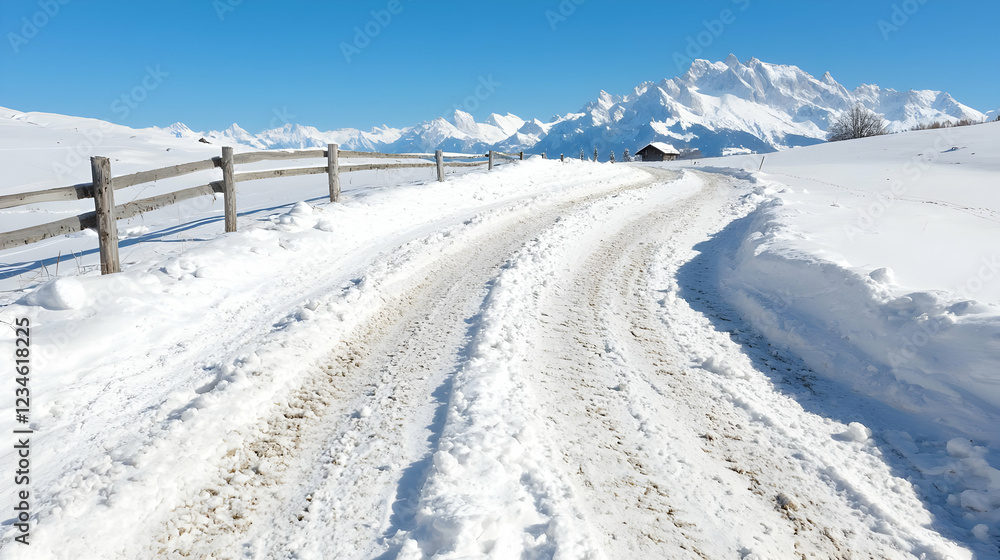 Snowy mountain road, winter landscape, clear sky, fence Snowy mountain road, winter landscape, clear sky, fence