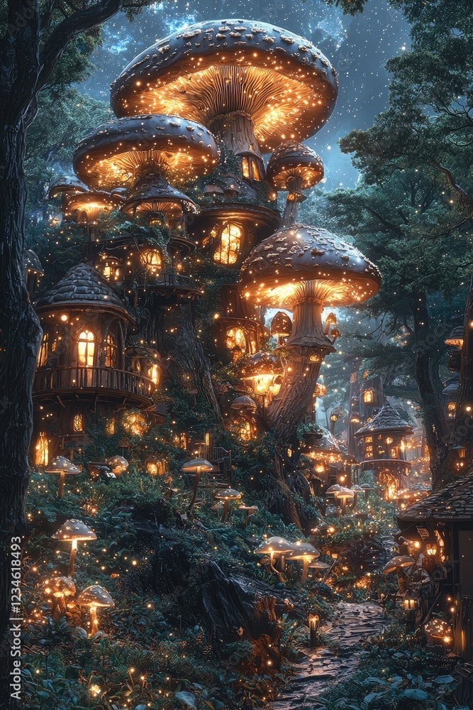 Obraz premium Enchanted Mushroom Village Illuminates Night Forest