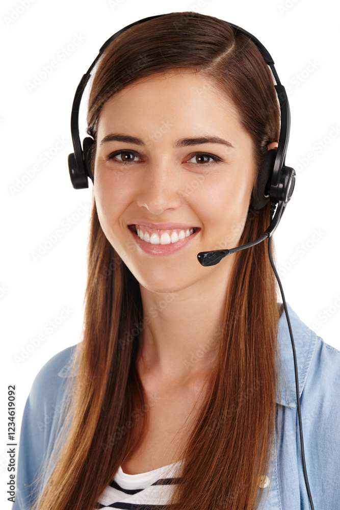 Woman, portrait and telemarketing employee in studio, hotline operator and white background. Female person, call centre agent and helping with customer support, headset and professional consultant Woman, portrait and telemarketing employee in studio, hotline operator and white background. Female person, call centre agent and helping with customer support, headset and professional consultant