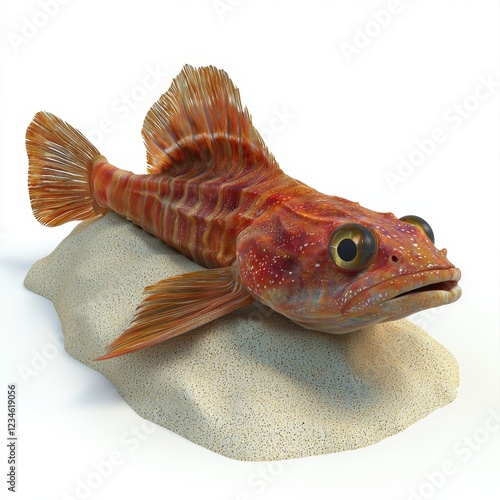 Vibrant marine fish with textured body and large eyes resting on sandy ocean floor with neutral background photo