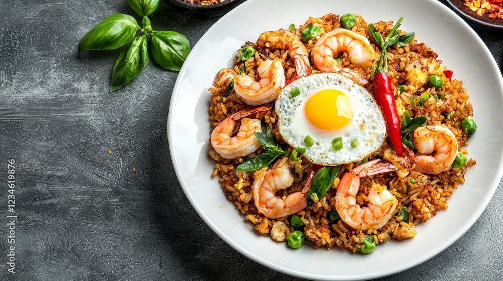 Delicious shrimp fried rice topped with fried egg and fresh herbs in a modern kitchen setting Delicious shrimp fried rice topped with fried egg and fresh herbs in a modern kitchen setting