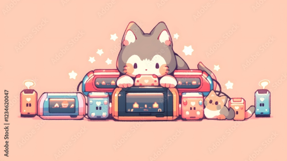 Obraz premium Feline Retro Game, Adorable Cat Gaming on Retro Console Surrounded by Pixel Decor