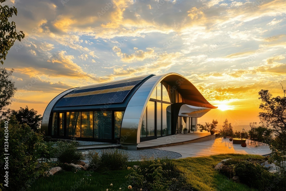 Obraz premium futuristic eco-home with integrated solar skin, glowing at golden hour with seamless photovoltaic surfaces reflecting sunset