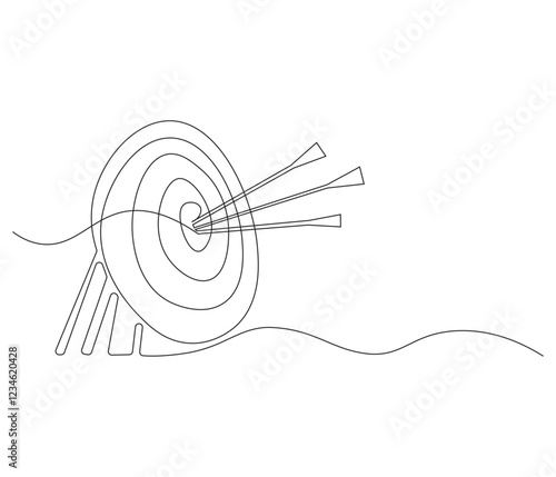 Arrow in center target in one continuous line drawing. Dartboard in simple linear style. Editable outline illustration