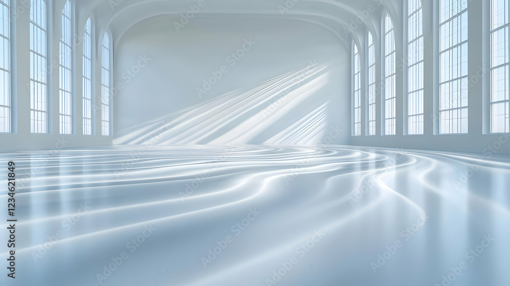 Obraz premium Sunbeams illuminate empty hall; architectural design