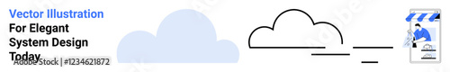 Cloud connected to an online storefront via seamless data flow lines. Ideal for technology, e-commerce, system design, connectivity, innovation, cloud services, flat landing page banner