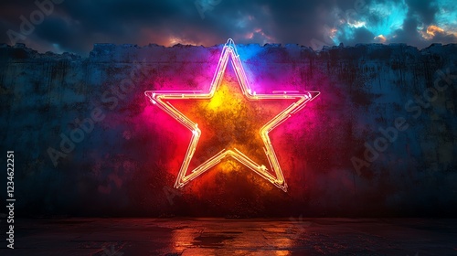 A vibrant neon star illuminated against a textured wall, exuding a captivating glow that enhances any creative project, showcasing a blend of color and artistic expression. photo