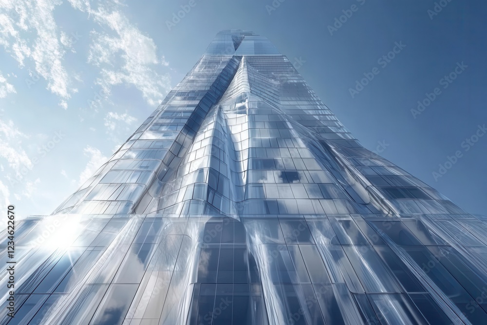 Fototapeta premium futuristic skyscraper with sleek glass facade reflecting azure sky, dramatic upward perspective, modern architectural design with geometric patterns, sunlight creating prismatic reflections