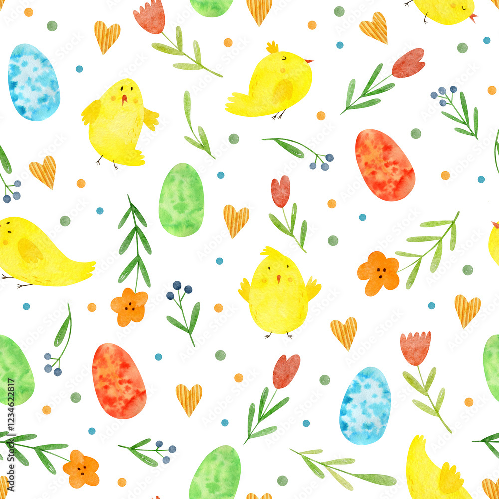 Watercolor seamless pattern on Easter theme. Easter spring background with flowers and leaves, chickens and eggs.. Watercolor seamless pattern on Easter theme. Easter spring background with flowers and leaves, chickens and eggs..