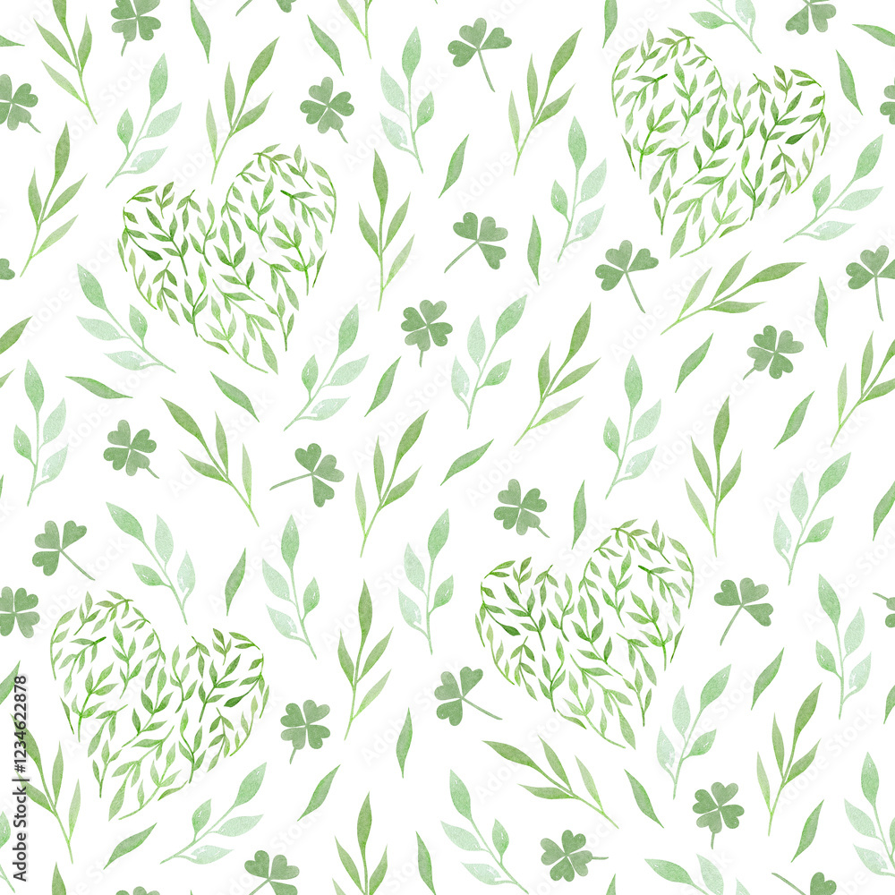 Floral seamless pattern with heart and leaves in watercolor on a white background. For clothes, fashion fabrics, home decor, backgrounds, cards and templates, scrapbooking etc. Floral seamless pattern with heart and leaves in watercolor on a white background. For clothes, fashion fabrics, home decor, backgrounds, cards and templates, scrapbooking etc.