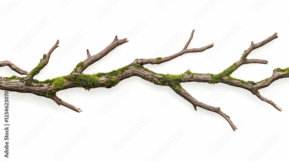Mossy tree branch isolated on white background; nature design element Mossy tree branch isolated on white background; nature design element