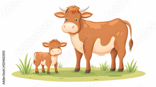 Mother cow and calf in pasture, idyllic rural scene, perfect for children's books photo