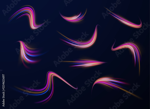 Light trail wave, fire path trace line, car lights, optic fiber and incandescence curve twirl. Big data traffic visualization, dynamic high speed, png, effect. Vector glowing lines air flow effect. 