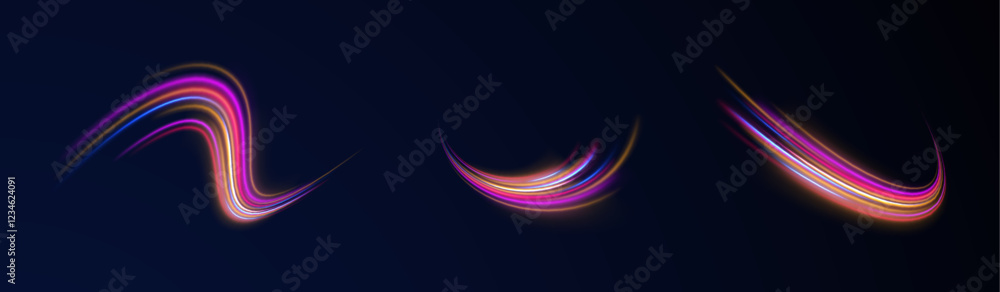Obraz premium Creative vector illustration of flying cosmic meteor, planetoid, comet, fireball isolated on transparent background. Effect, png, wave,neon,line. Light arc in neon colors, in the form of a turn.