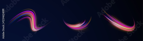 Creative vector illustration of flying cosmic meteor, planetoid, comet, fireball isolated on transparent background. Effect, png, wave,neon,line. Light arc in neon colors, in the form of a turn.