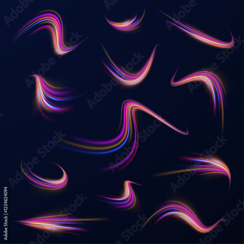 Creative vector illustration of flying cosmic meteor, planetoid, comet, fireball isolated on transparent background. Effect, png, wave,neon,line. Light arc in neon colors, in the form of a turn.