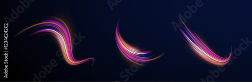 Creative vector illustration of flying cosmic meteor, planetoid, comet, fireball isolated on transparent background. Effect, png, wave,neon,line. Light arc in neon colors, in the form of a turn.
