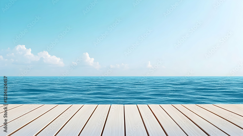 Fototapeta premium Ocean view from white wooden dock; summer sky, calm sea; for travel brochures