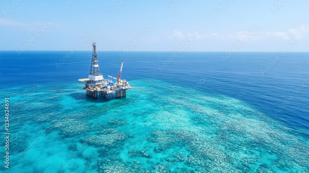Obraz premium Offshore oil rig on coral reef, sunny day, ocean background. Energy industry, environmental impact