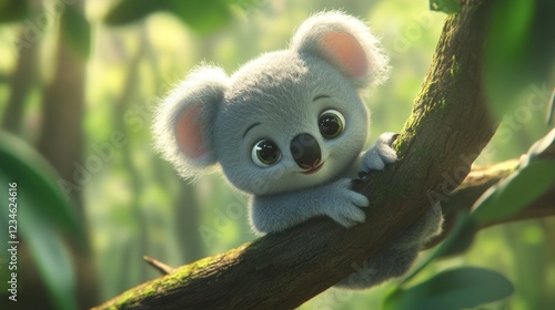 Adorable koala joey on tree branch, rainforest background, children's book illustration
